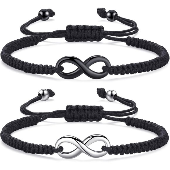 Matching Infinity Couples Bracelets Steel & Black Braided Cord Modern Unisex Jew - Picture 1 of 8